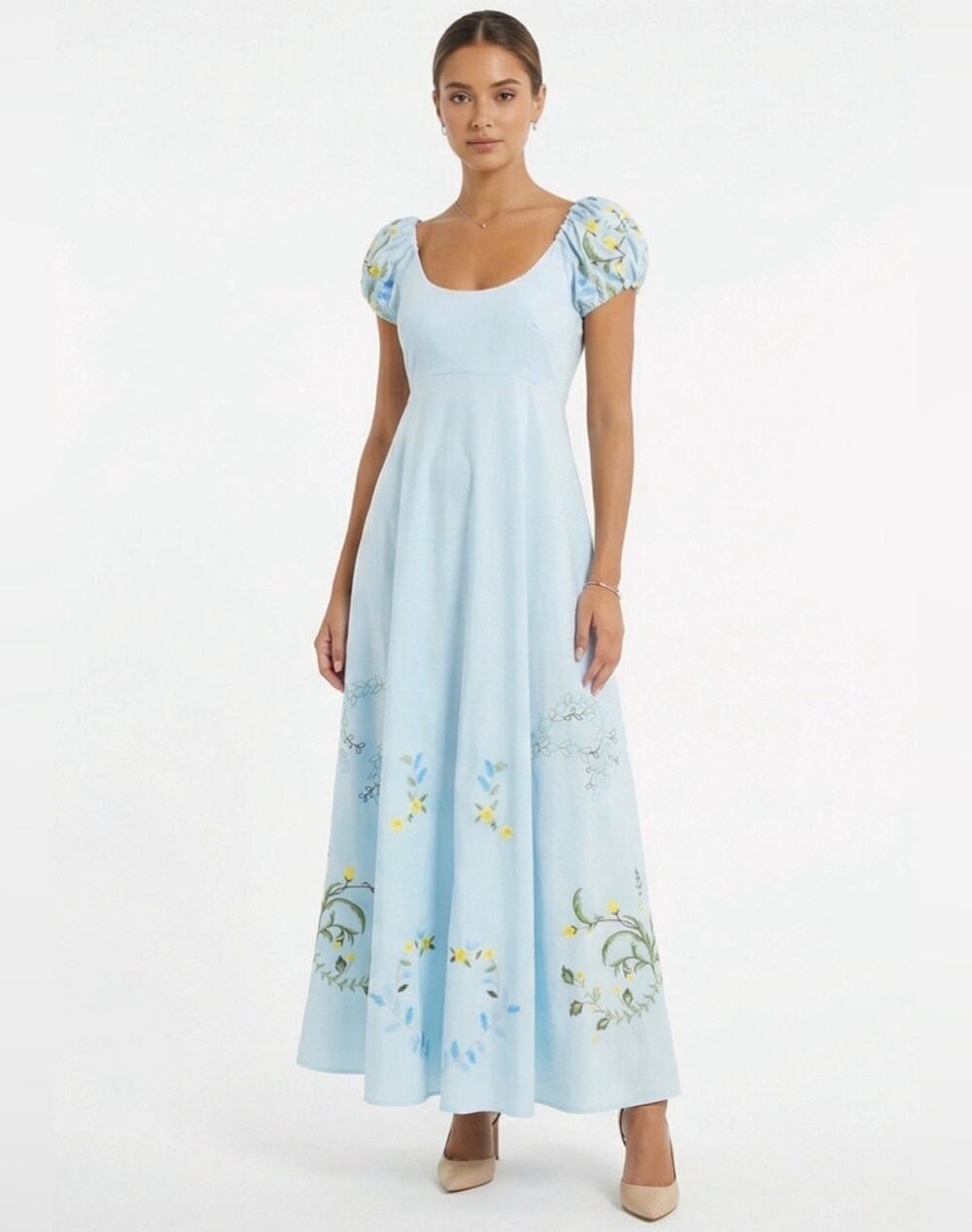 Fanm Mon Perla Dress Embroidered Blue Floral Puff Sleeve Medium